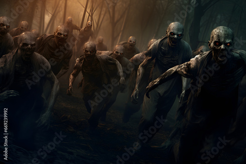 group of zombies running in autumn forest at night. Neural network generated image. Not based on any actual person or scene. © lucky pics