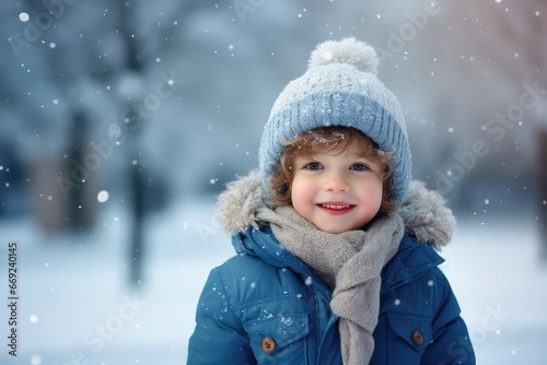 Cute child with happy face wearing a warm hat and warm jacket surrounded with snowflakes. Winter holidays concept