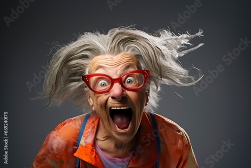 old woman squinting and grimacing in front of the camera in the studio