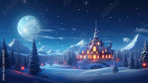 Evening winter fairytale blue landscape. Castle with glowing windows under the moonlight