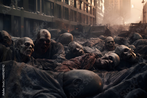 Zombie horde sleeping on a city street at sunset or sunrise. Not based on any actual person or scene.