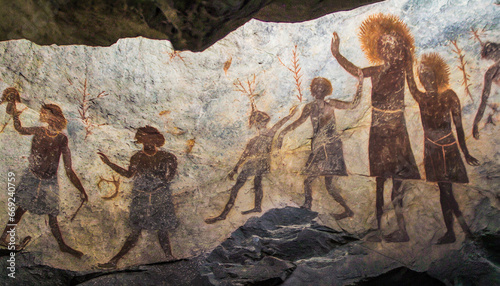 prehistoric rock paintings of cavemen of the stone age as a background created with the help of artificial intelligence