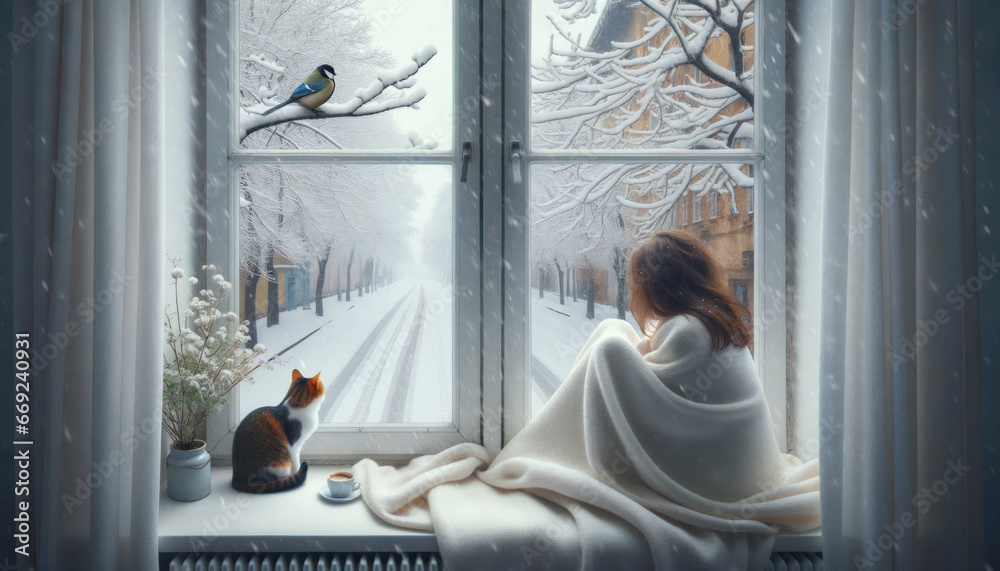 A girl and a cat watch a bird against the backdrop of a snowy landscape. Snow falls through the open window into the room - obrazy, fototapety, plakaty 