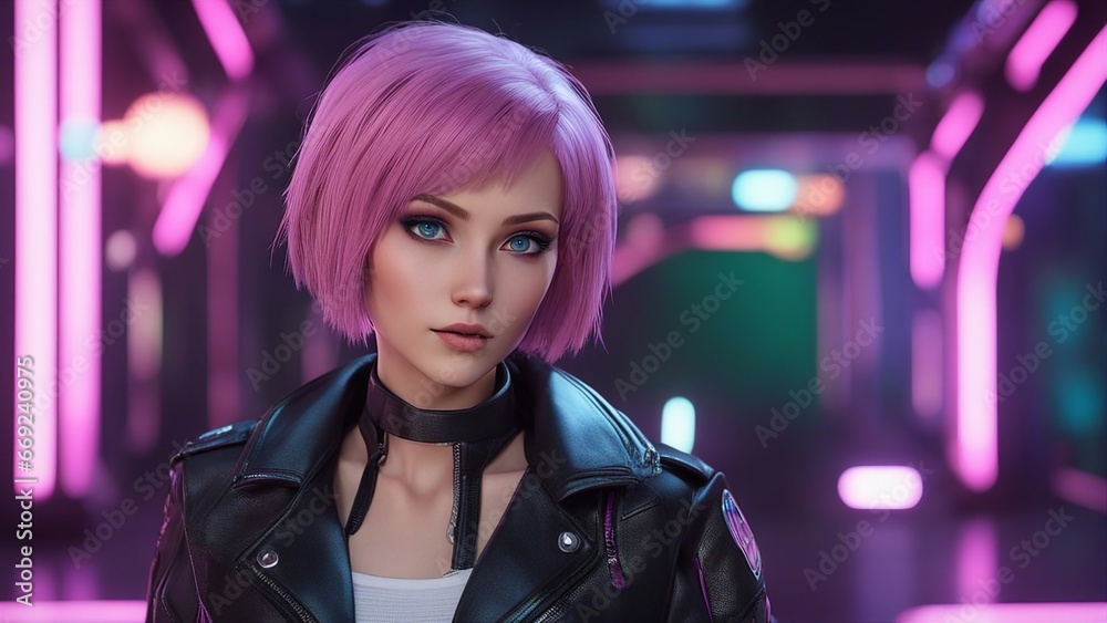 anime cartoon inspired anime         _A bold cyberpunk girl with short pink hair and blue eyes, wearing a black leather jacklet