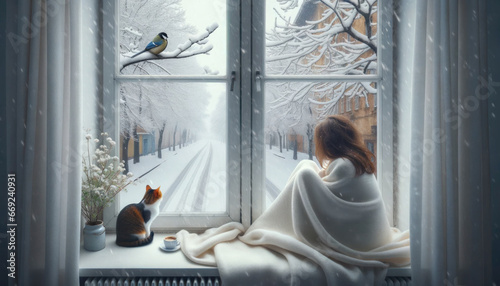 A girl and a cat watch a bird against the backdrop of a snowy landscape. Snow falls through the open window into the room