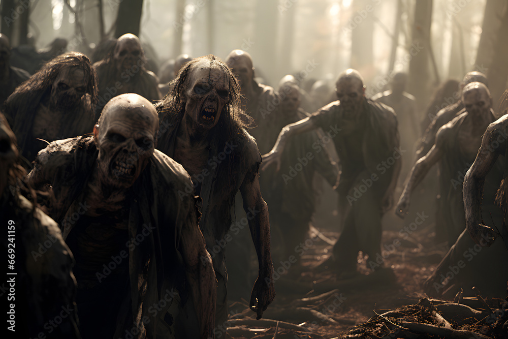 Fototapeta premium Group of zombies standing in the spring forest at misty day. Neural network generated image. Not based on any actual person, scene or pattern.