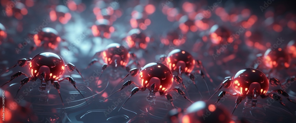 Nanobots swarming together in a coordinated dance, exhibiting advanced AI. Nanobots swarming together in a coordinated dance, exhibiting advanced AI.