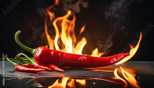 thin hot red pepper on table on black background with flame