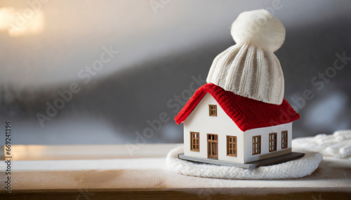house in winter heating system concept and cold snowy weather with model of a house wearing a knitted cap