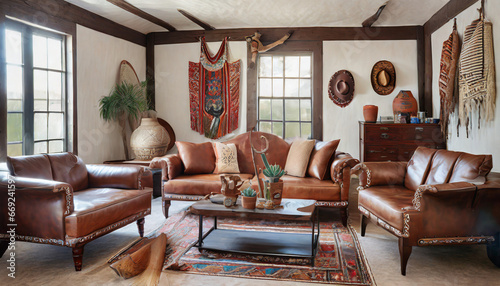 a southwestern style living room with leather furniture generative ai photo