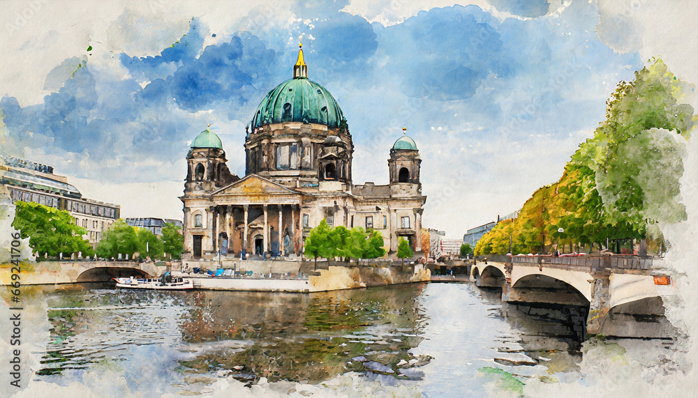 beautiful view of the historic center of berlin watercolor sketches generative ai