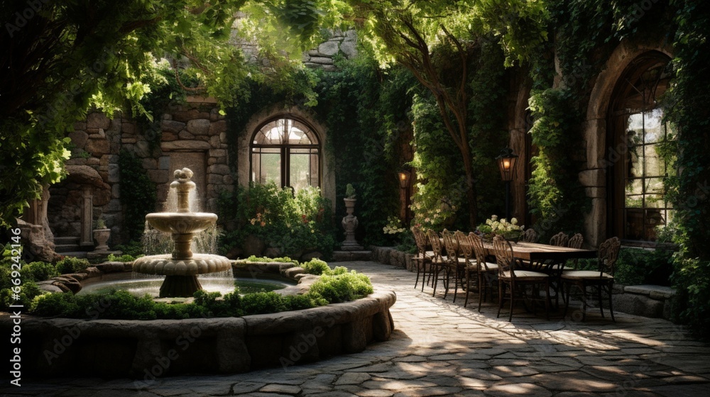 A tranquil courtyard with a bubbling fountain, surrounded by ivy-covered stone walls