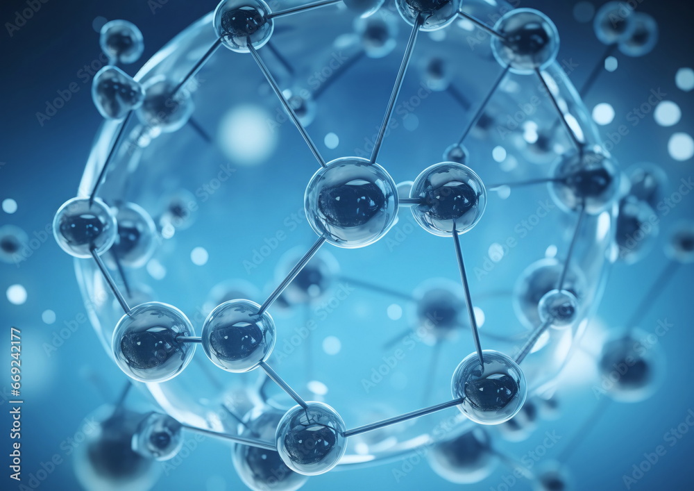 3D Microscopic Molecular Structure on Blue Background 3D Microscopic Molecular Structure on Blue Background