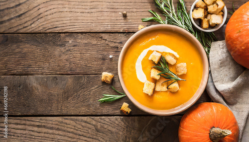 pumpkin and carrot cream soup on rustic wooden table autumn pumpkin cream soup with rosemary herb and croutons top view copy space