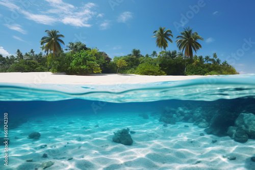Sandy beach of a tropical paradise desert island and its underwater world