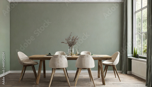 dining room interior with wood table in rustic style neutral sage green empty blank wall background for mockup photo