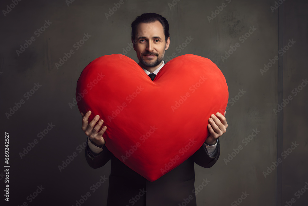 young adult man holding big red heart on grey background. Not based on any actual person or scene young adult man holding big red heart on grey background. Not based on any actual person or scene