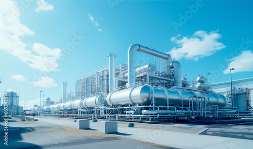 Industrial storage zone for oil, gas terminal tanks. Oil refinery plant pipe line at sunny day.  photo