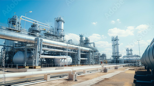 Industrial storage zone for oil, gas terminal tanks. Oil refinery plant pipe line at sunny day. 