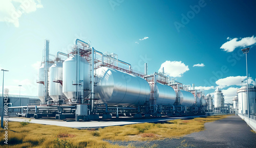 Industrial storage zone for oil, gas terminal tanks. Oil refinery plant pipe line at sunny day. 