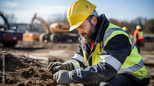 Portrait of ciivil engineer, construction manager in hard-helmet at building site.