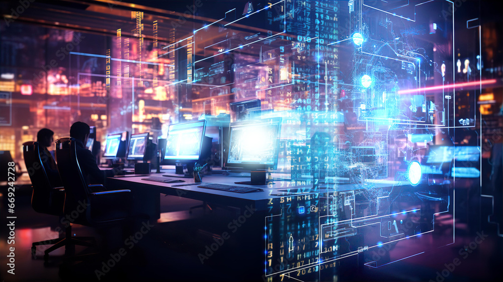 People working in open space glass cube with projecting running digits at the walls. Futuristic office working environment People working in open space glass cube with projecting running digits at the walls. Futuristic office working environment