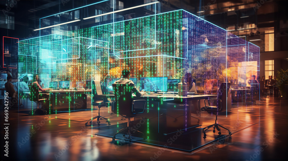 People working in open space glass cube with projecting running digits at the walls. Futuristic office working environment  - obrazy, fototapety, plakaty 