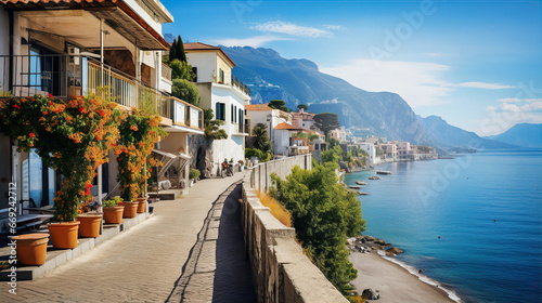 Amalfi coast look-like landscape, Italian town on the sea, terraced houses decorated with flowers. Mediterranean travel concept