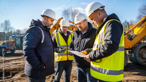 Construction manager talks to his team, discussing progress and plan at construction site