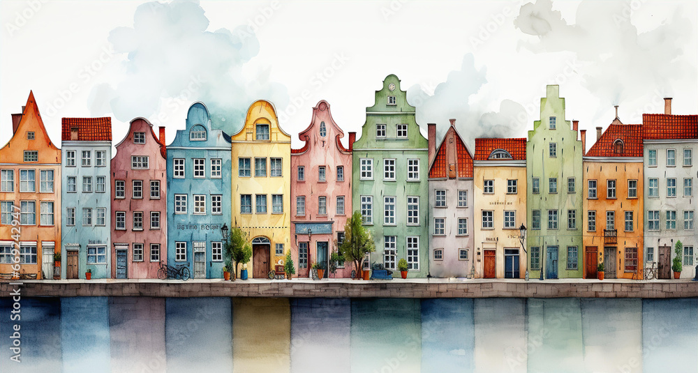 Beautiful European periodic town houses on canal look-like Amsterdam. Front view watercolour illustration