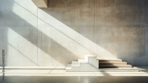 Minimalistic interior with concrete great walls, stairs and artistic shadows.