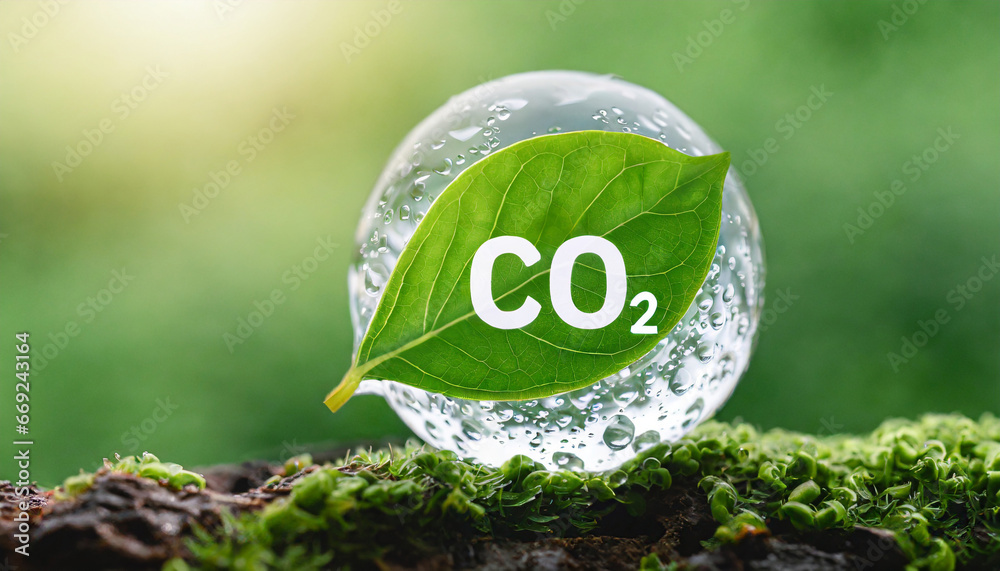 co2 reducing icon on green leaf with water droplet for decrease co2 carbon footprint and carbon credit to limit global warming from climate change bio circular green economy concept