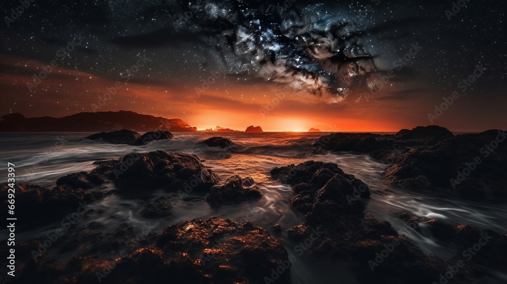 Naklejka premium Beautiful evening nature light sky sunset sunrise photography image AI generated art