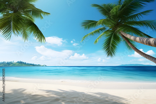 tropical beach view at sunny day with white sand  turquoise water and palm tree. Neural network generated image. Not based on any actual scene or pattern.