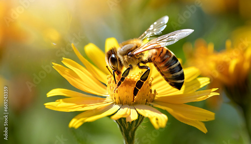 bee and flower close up of a large striped bee collects honey on a yellow flower on a sunny bright day macro horizontal photography summer and spring backgrounds © Alicia