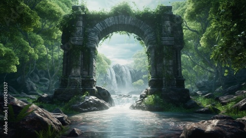 Foto Beautiful old stone green gate water bridge autumn forest wallpaper image AI gen