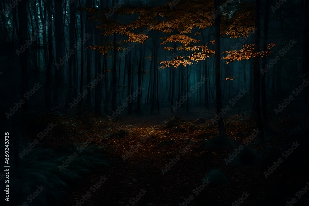 Naklejka premium A realistic, eerie, and scary woodland at night
