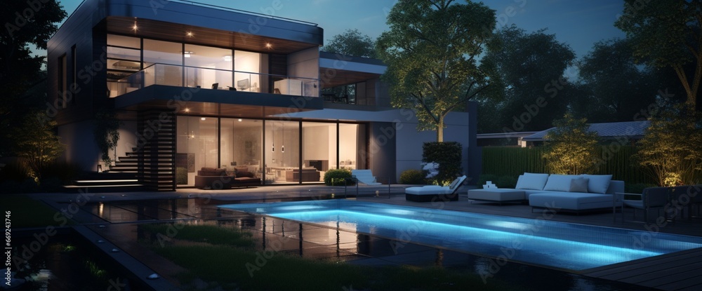 Smart homes in a suburban setting, exuding ambient lights in sync.