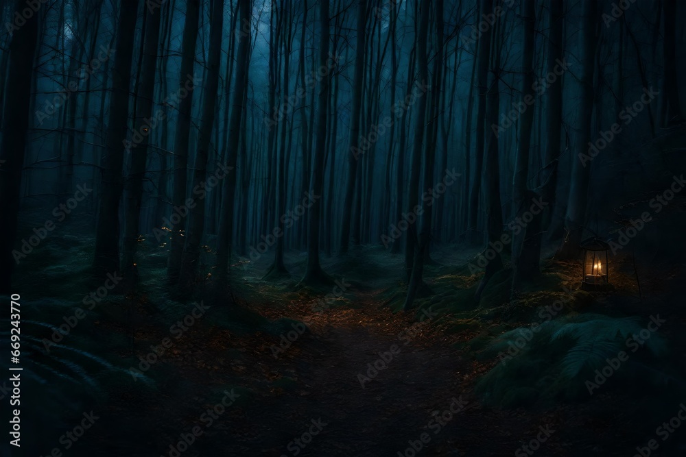 A realistic, eerie, and scary woodland at night