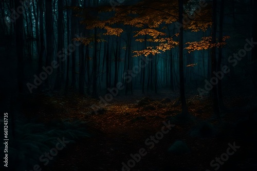 A realistic  eerie  and scary woodland at night