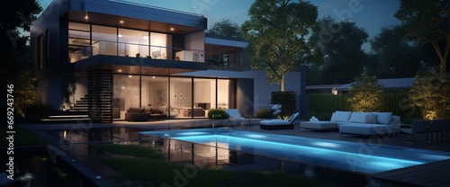 Smart homes in a suburban setting, exuding ambient lights in sync. © AQ Arts