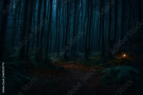 A realistic  eerie  and scary woodland at night