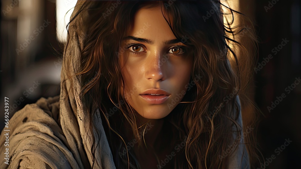 Fototapeta premium Young beautiful hispanic sad woman serious and concerned looking worried and thoughtful facial expression feeling depressed background. Sad emotion illustration. Generative AI