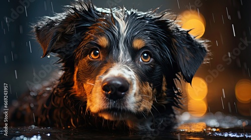 Sad dog in the rain. Sad emotion illustration. Generative AI