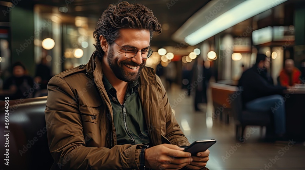 Smiling young middle eastern man with digital tablet in hands posing at airport terminal. Successful millennial arab businessman using tab computer while waiting for flight boarding. Generative AI art