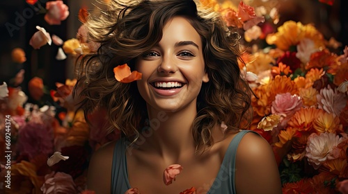 Young brunette woman over background laughing. Model portrait illustration. Generative AI © tanyastock