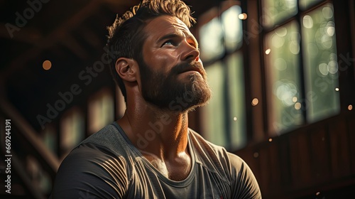 Tired male athlete wiping sweat while contemplating at sports court. Man face portrait illustration. Generative AI