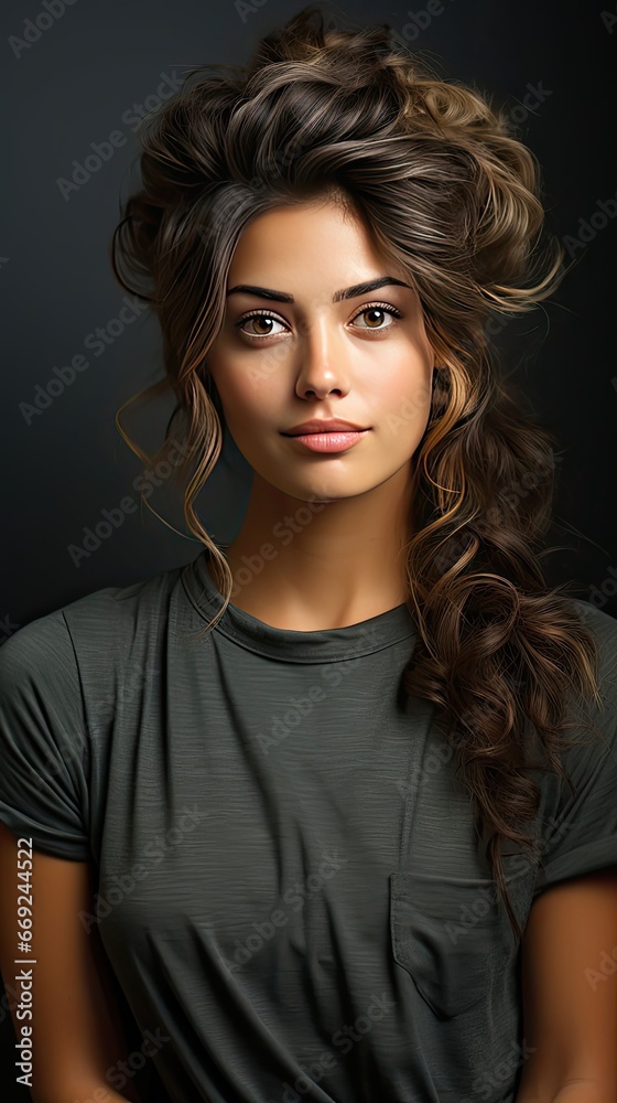 Portrait of a young latin woman with pleasant smile and crossed arms on grey wall with copy space. Beautiful girl with folded arms looking at camera against grey wall. Generative AI art