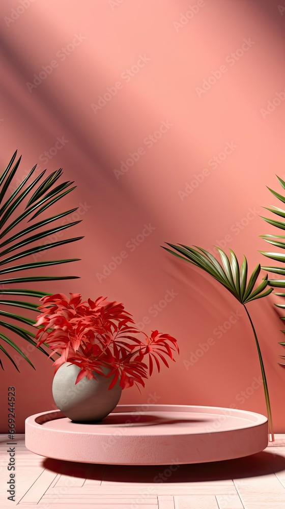 Minimal product placement background with palm shadow on plaster wall. Luxury summer architecture interior aesthetic. Creative product platform stage mockup. Background with shadow. Generative AI Minimal product placement background with palm shadow on plaster wall. Luxury summer architecture interior aesthetic. Creative product platform stage mockup. Background with shadow. Generative AI