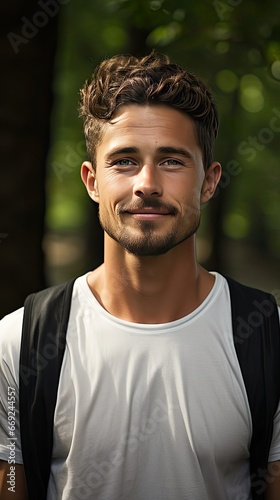 Close up portrait of healthy young man standing outdoors in park and looking away. Confident young man ready of workout. Man face portrait illustration. Generative AI © tanyastock